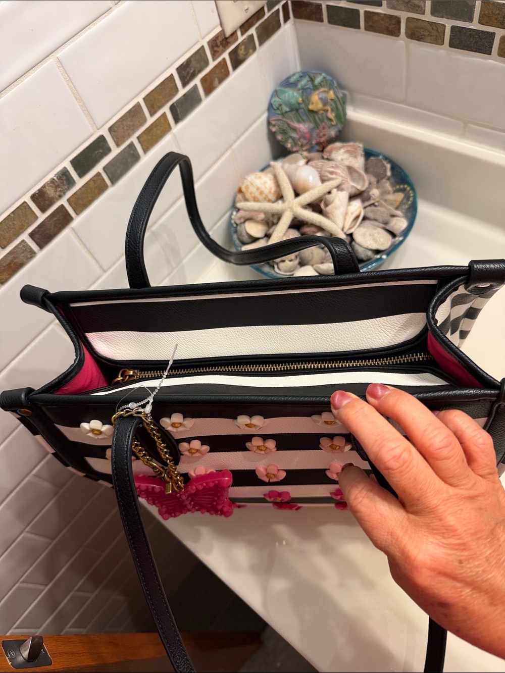 Betsey Johnson Black & White Striped Tote with Pink Butterfly Charm - Picture 7 of 11